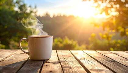 Morning coffee on a wooden table overlooking a landscape