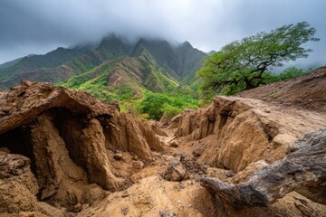 Eroded landscape, tropical mountains, cloudy sky