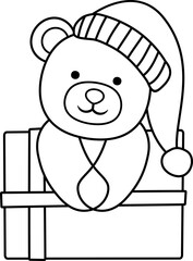 Holiday teddy bear sitting in a Christmas gift box outline isolated.
Cute bear sitting in a Christmas gift box children's coloring pages.
Transparent background. SVG.