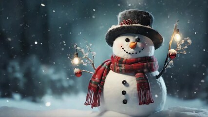 Cute snowman in scarf and hat with branch arms holding glowing lights and ornaments, surrounded by falling snow. Holiday spirit. Magical winter vibe. - Powered by Adobe