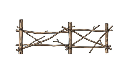 Naklejka premium Rustic Wooden Barrier Construction with Natural Twigs and Rope Details