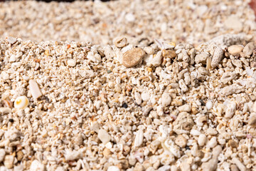 A detailed view of beach sand scattered with smooth pebbles, providing an earthy, natural texture ideal for use in design backgrounds, wellness themes, or beach-inspired concepts.