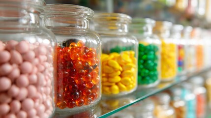 Colorful candy in transparent glass jars on store shelf for sweet dessert sugar product display photography