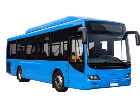 Modern blue city bus side view isolated on transparent background PNG