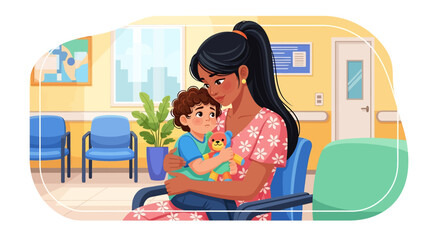 Adobe illustrator artwork vector illustration of a mother holding her child in a clinic waiting room, highlighting emotional bonding, parenting care, and family presence in a healthcare setting.