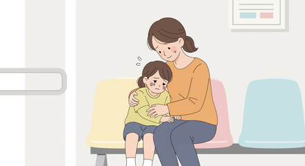 Adobe illustrator artwork vector illustration of a mother holding her child in a clinic waiting room, highlighting emotional bonding, parenting care, and family presence in a healthcare setting.