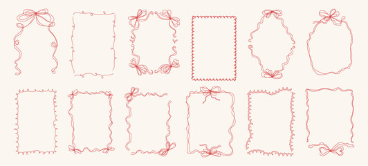Doodle hand drawn coquette frames with hearts, wavy lines, bows and ribbons. Trendy vintage whimsical borders for wedding invitations, birthday card, prints. Vector modern illustration. Vintage frame