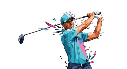 Dynamic Golfer Executing a Powerful Swing with Exploding Colors Capturing Motion and Energy
