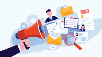 Red megaphone announcing business documents and people profiles announcement