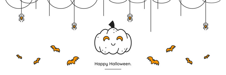 Cute outline Halloween icon with pumkin Jack O Lantern with flying bats. Spider with cobweb decorations. Simple minimalistic card. Vector design elements.