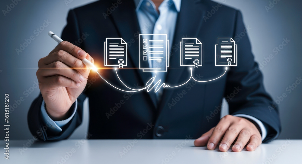 Poster businessman managing digital documents with electronic pen for efficient workflow automation