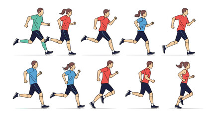 Athletic Men and Women Jogging in Various Colored Athletic Wear on a White Background
