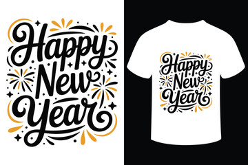 Happy new year typographic design with festive fireworks and t shirt mockup silhouette