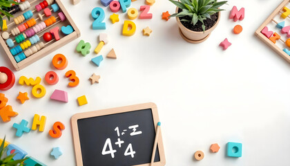 Flat Lay of Colorful Educational Toys and Learning Materials on White Table – Numbers, Letters, Shapes, and Math for Preschool and Kindergarten Activities
