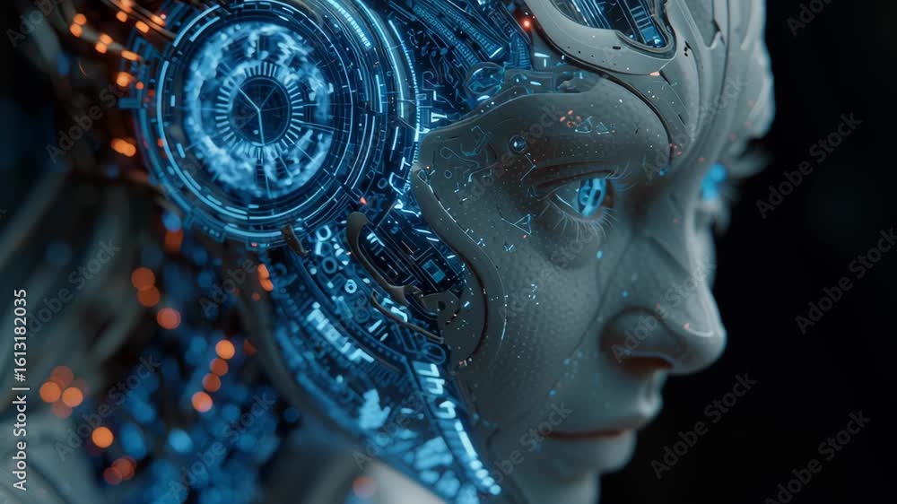 Poster futuristic ai interface showcasing advanced technology, intricate circuitry, and glowing elements, r