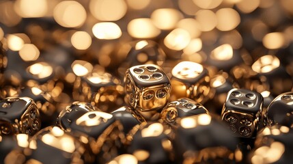 Golden dice with reflections and bokeh light for gaming luck casino luxury rich aesthetic background visuals
