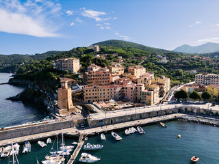 Aerial view of the town of Rio Marina, Elba Island, province of Livorno