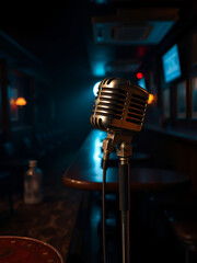 Vintage microphone on a stand in an empty dimly lit bar