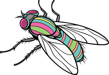 Realistic colorful fly illustration with detailed wings and vibrant gradient tones perfect for insect and nature artwork. Realistic colorful fly drawing with lifelike textures and bright vivid colors