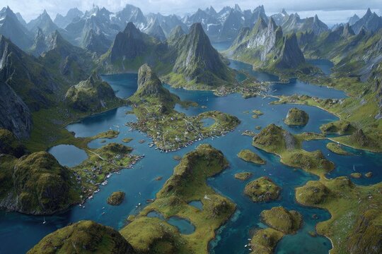Aerial view of fjord islands, lush green hills, and charming village - Powered by Adobe