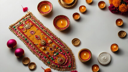 Overhead shot of beautifully arranged diyas, candles, and decorative items on a white surface, creating a festive atmosphere for diwali celebration isolated on white background