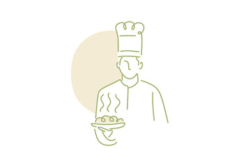 line art illustration of a chef wearing a traditional hat and uniform, holding a covered serving dish.
