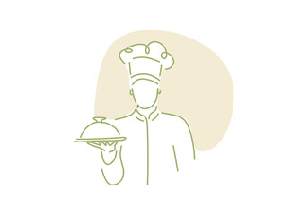 line art illustration of a chef wearing a traditional hat and uniform, holding a covered serving dish.