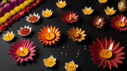 A dark surface adorned with an array of colorful diyas and flower decorations, creating a warm and inviting atmosphere for the diwali festival