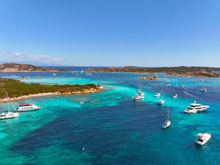 Isola Budelli. Arcipelago della Maddalena. Island Budelli. Sardinia, Italy. Beaches of Sardinia. Boats and yachts. Incredible colors and views. View from above. Drone view of Sardinia. Sea. Ocean.