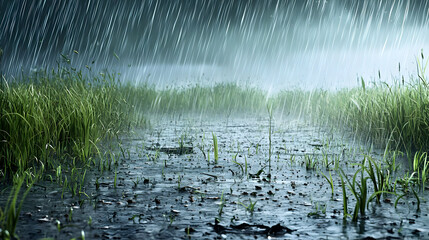 A flooded meadow during a heavy thunderstorm. Lush green grass, now submerged in murky water, under a dramatic downpour