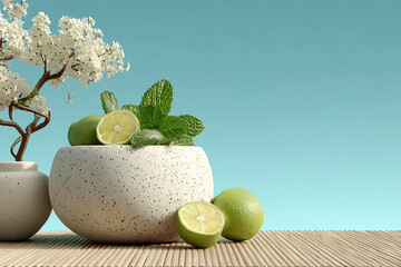 Minimalist arrangement of fresh limes, mint leaves, and decorative vases on a natural bamboo surface with a soft blue background. A refreshing and modern still life composition