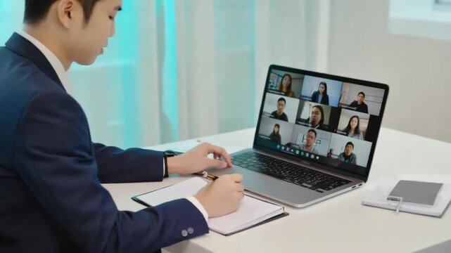 Young professional actively participates and takes notes in a dynamic video conference meeting with diverse colleagues, collaborating remotely for business success.