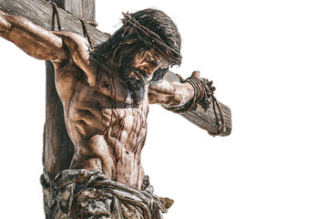 A closeup of jesus christ on the cross, showcasing the details of his suffering and the symbolism of his sacrifice isolated on transparent background