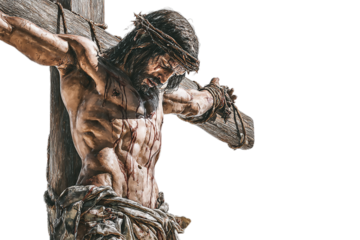 A closeup of jesus christ on the cross, showcasing the details of his suffering and the symbolism of his sacrifice isolated on transparent background