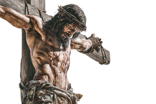 A closeup of jesus christ on the cross, showcasing the details of his suffering and the symbolism of his sacrifice isolated on transparent background