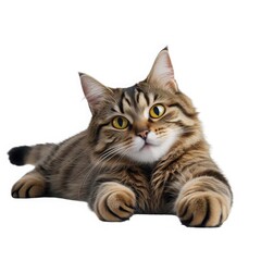 Obraz premium Portrait of a cute gray tabby cat with yellow eyes lying down and tilting its head playfully, isolated on a pure white background.