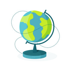 Minimalist vector illustration of a blue and green globe, educational school accessory for children, evoking travel and the Earth