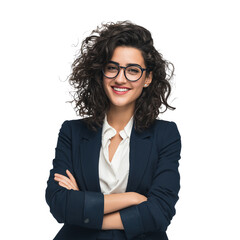 A smiling woman with curly dark hair wearing a stylish blue blazer and glasses isolated on a transparent background