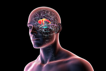 Caudate nucleus in human brain, 3D illustration