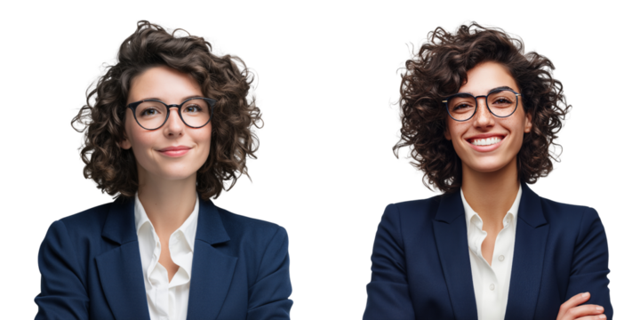 Set of smiling woman with curly dark hair wearing a stylish blue blazer and glasses isolated on a transparent background