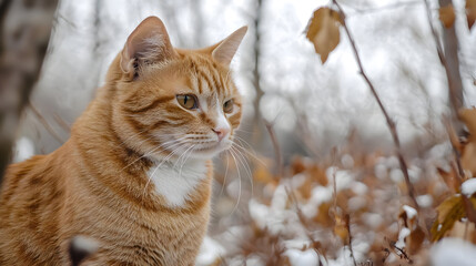 Ginger cat in winter woods.  Close-up profile of a reddish-orange tabby cat with white chest, looking off to the side, amidst snowy, leaf-covered forest floor