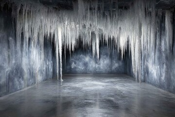 Icy cave-like space, dripping icicles