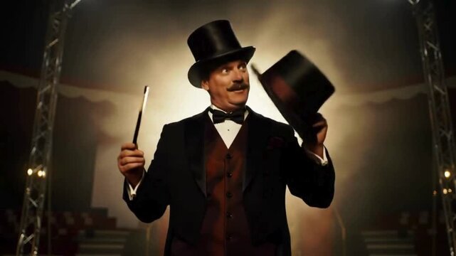 Magician with hat and magic wand on spotlight stage. Circus ringmaster, magician. Circus  entertainment performance showmanship.  