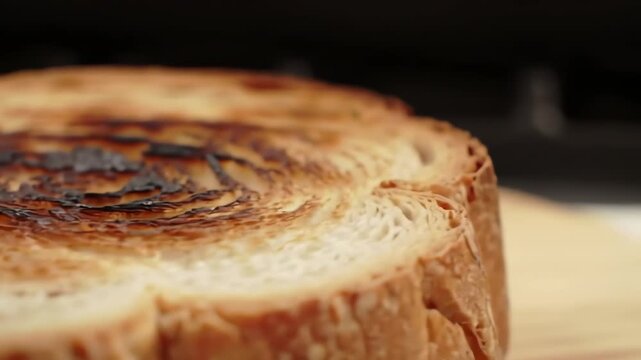Close-up of a golden-brown bread slice with a heavily toasted, almost burnt spiral pattern on top