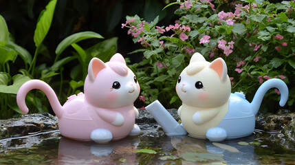 Cute pink and cream-colored cat watering cans sit in a shallow stream, surrounded by lush greenery and flowers