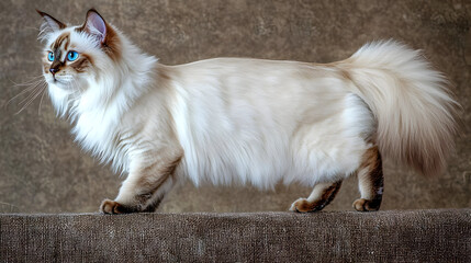 Cream-colored cat with striking blue eyes, full body shot,  long fur, walking on textured surface