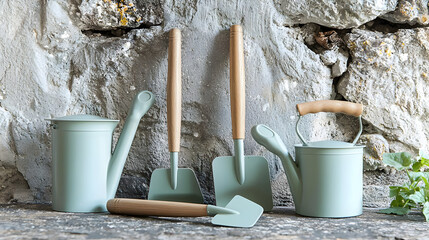 Pastel green gardening tools set in front of a stone wall.  Small watering cans and shovels, perfect for a child's garden