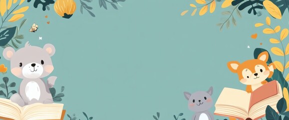 Cute International Childrens Book Day border with toy animals and storybooks offering space for messages concept as Cute book day frame featuring toy animals
