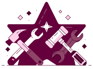 Illustration of tools against a star shape background in pink and purple colors for DIY projects