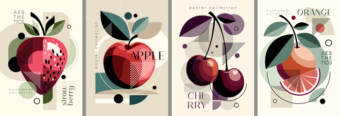 Stylized geometric Fruit Illustrations Featuring Strawberry, Apple, Cherry, and Orange in 4 Unique Designs